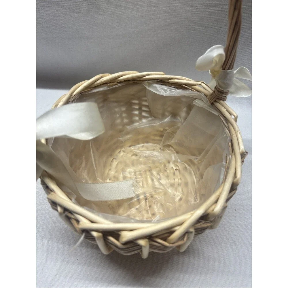 Rattan Flower Girl Basket Wicker Wedding Petal Basket Handwoven Rustic W/ Handle
